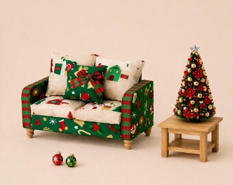 Festive Miniature 1:12 scale Dollhouse Sofa with dual fabrics. Green with Christmas Themes and Cream Snowy Village. Holiday Christmas decor.