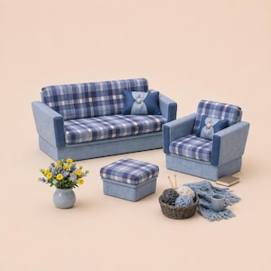 Canapé miniature maison de poupée, fauteuil avec tabouret. Ensemble de canapé de salon pour poupées de taille 1/12. Meubles miniatures, ensemble de canapé en denim élégant.