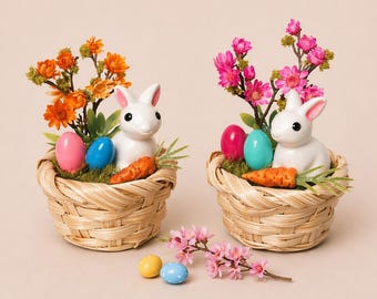 Dollhouse miniature Easter basket with eggs, flowers and rabbit with carrots. Easter ornament for 1/12 and 1/6 dolls. Decoration for Easter.