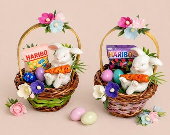 Dollhouse miniature Easter basket with eggs, flowers, candies, rabbit with carrots. Easter ornaments size 1/12, 1/6. Decoration for Easter.