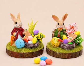 Dollhouse miniature Easter decoration with lighting  1/12. Easter rabbits, spring flowers, eggs.