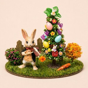 Op de afbeelding: Een miniatuur Paasscène met een vioolspelende konijn, een versierde boom met paaseieren en een wortel. De scène staat op een grasachtige basis met een klein hek en kleurrijke bloemen. Het konijn draagt een formeel kostuum.