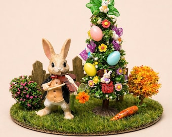 Dollhouse miniature Easter decoration with Led lighting  1/12. Easter rabbit, Easter tree, spring flowers, eggs.