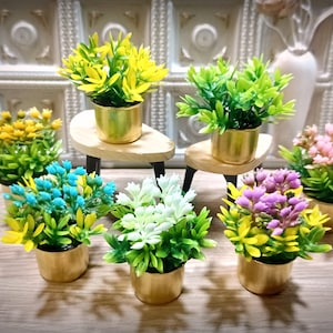 Dollhouse miniature flowers and plants for dolls size 1/2, 1/6. Miniature greenery, houseplant, garden plant in a dollhouse in a golden pot.