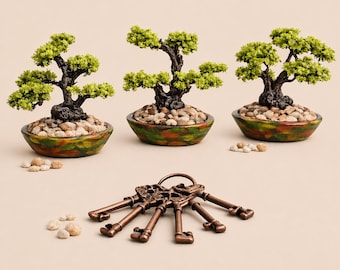 Miniature bonsai tree, light green. Dollhouse miniature plants in a pot for dolls in 1/12 and 1/6 scale. Miniature greenery, decoration.