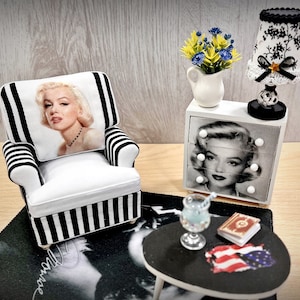 Dollhouse miniature armchair with a picture of Marilyn Monroe. Miniature furniture for dolls. Fabric, stylish chair in 1/12 scale.