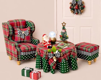 Dollhouse miniature Christmas furniture collection. Tartan Santa's chair, table with lamp, tree, wreath, pillows. Christmas decor size 1/12.