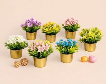 Dollhouse miniature flowers and plants for dolls size 1/2, 1/6. Miniature greenery, houseplant, garden plant in a dollhouse in a golden pot.