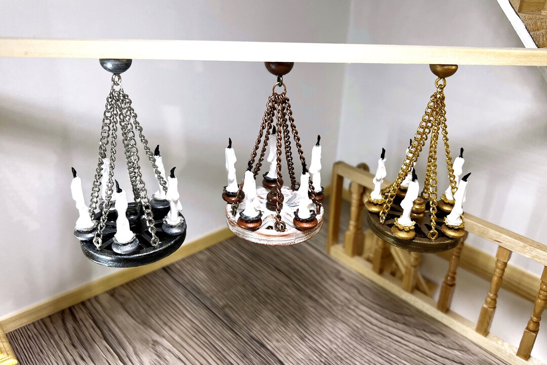 Dollhouse Miniature Wooden Chandelier With Realistic Candles 1/12. Gold ...