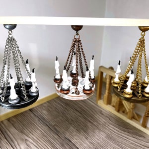 Dollhouse miniature wooden chandelier with realistic candles 1/12. Gold, silver and copper lamp for dolls. Decorative wooden ceiling lamp.