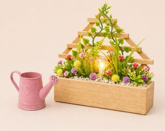Dollhouse wooden flowerpot with flowers, plants and LED lamp. Miniature potted plants, garden flowers decoration with lighting 1/12.