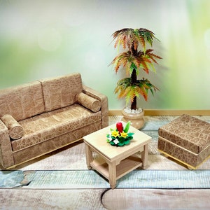 Dollhouse miniature modern sofa with ottoman, cushions and blanket. Luxury sofa, furniture for living room. Miniature couch set size 1/12.