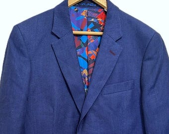 Robert Graham Blue Twill Wool / Ramie Blazer Size 42 Men's Vintage Sport Jacket