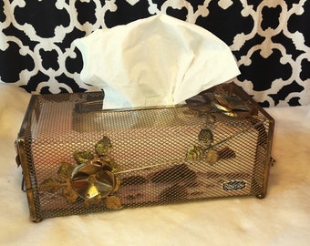 Vintage Gold-Toned Floral Tissue Box Cover