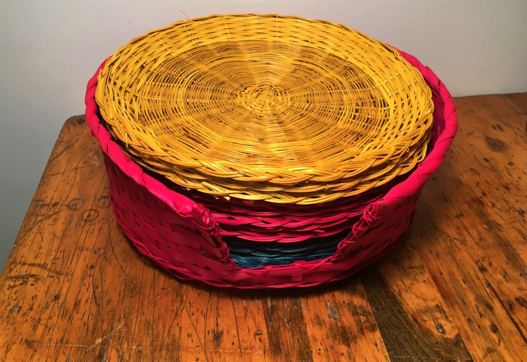 Colorful Wicker Paper Plate Holder Set With Storage Basket Etsy