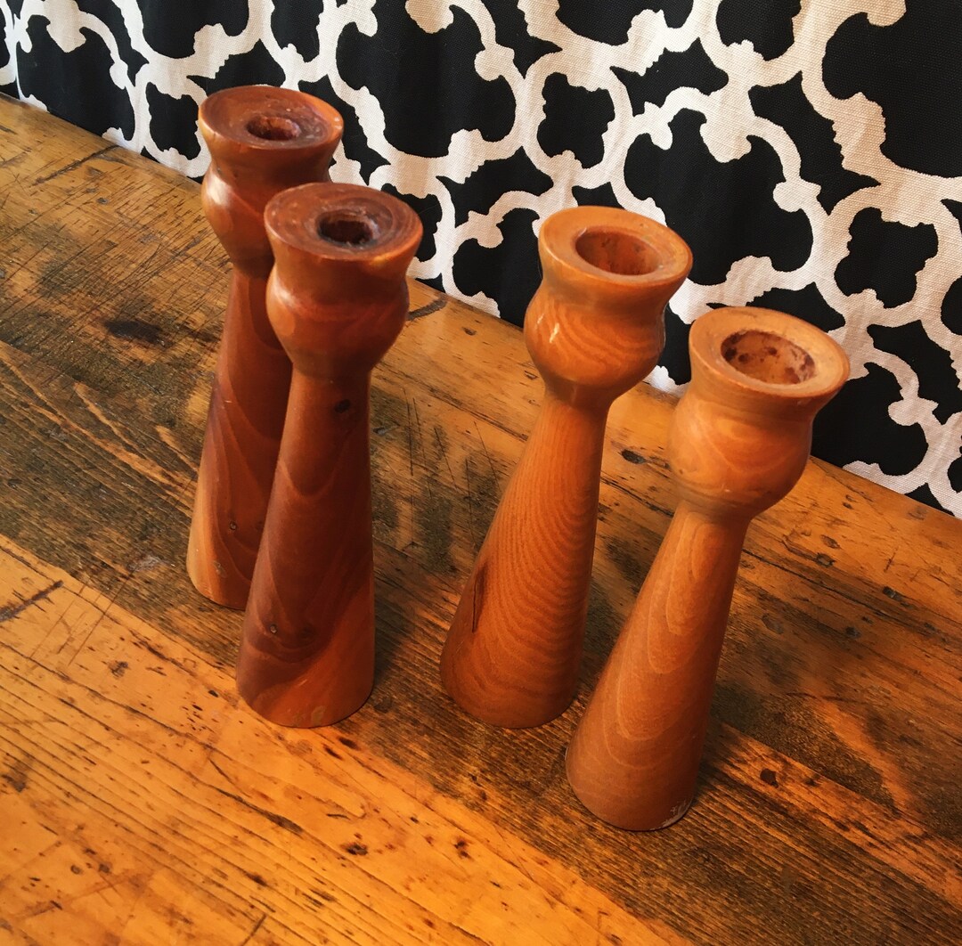 Scandinavian Modern Vintage Turned Wood Set of 4 Candlestick Holders ...