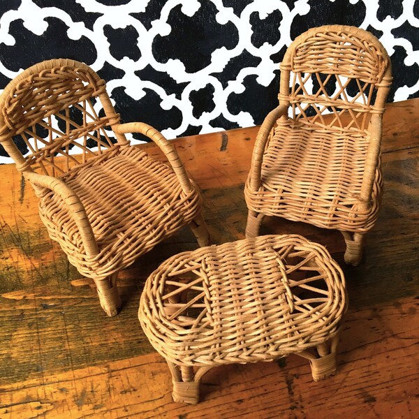 Vintage Rattan Wicker Chairs & Table Set: Barbie Doll Size