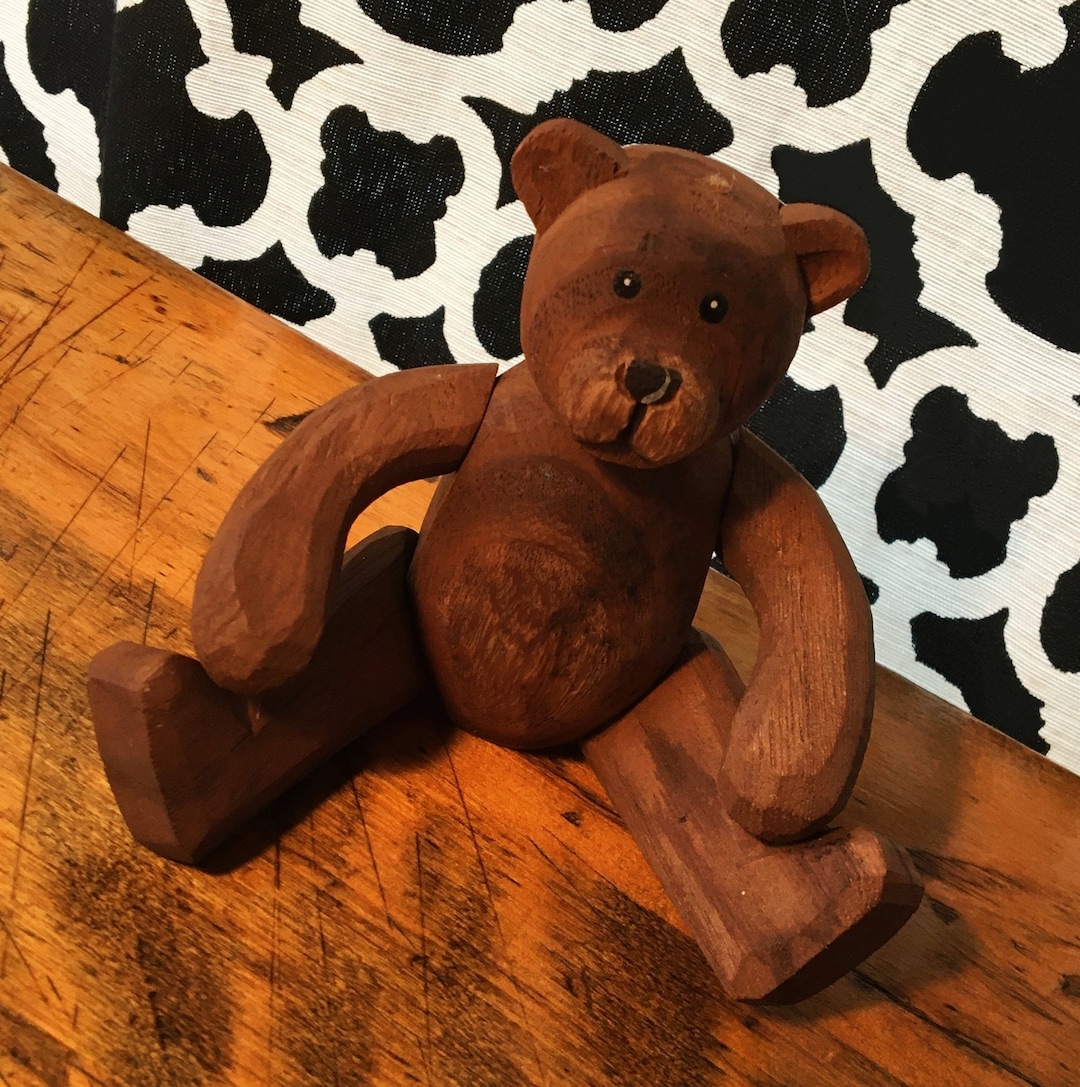Vintage Handcarved Wooden Teddy Bear Poseable Etsy