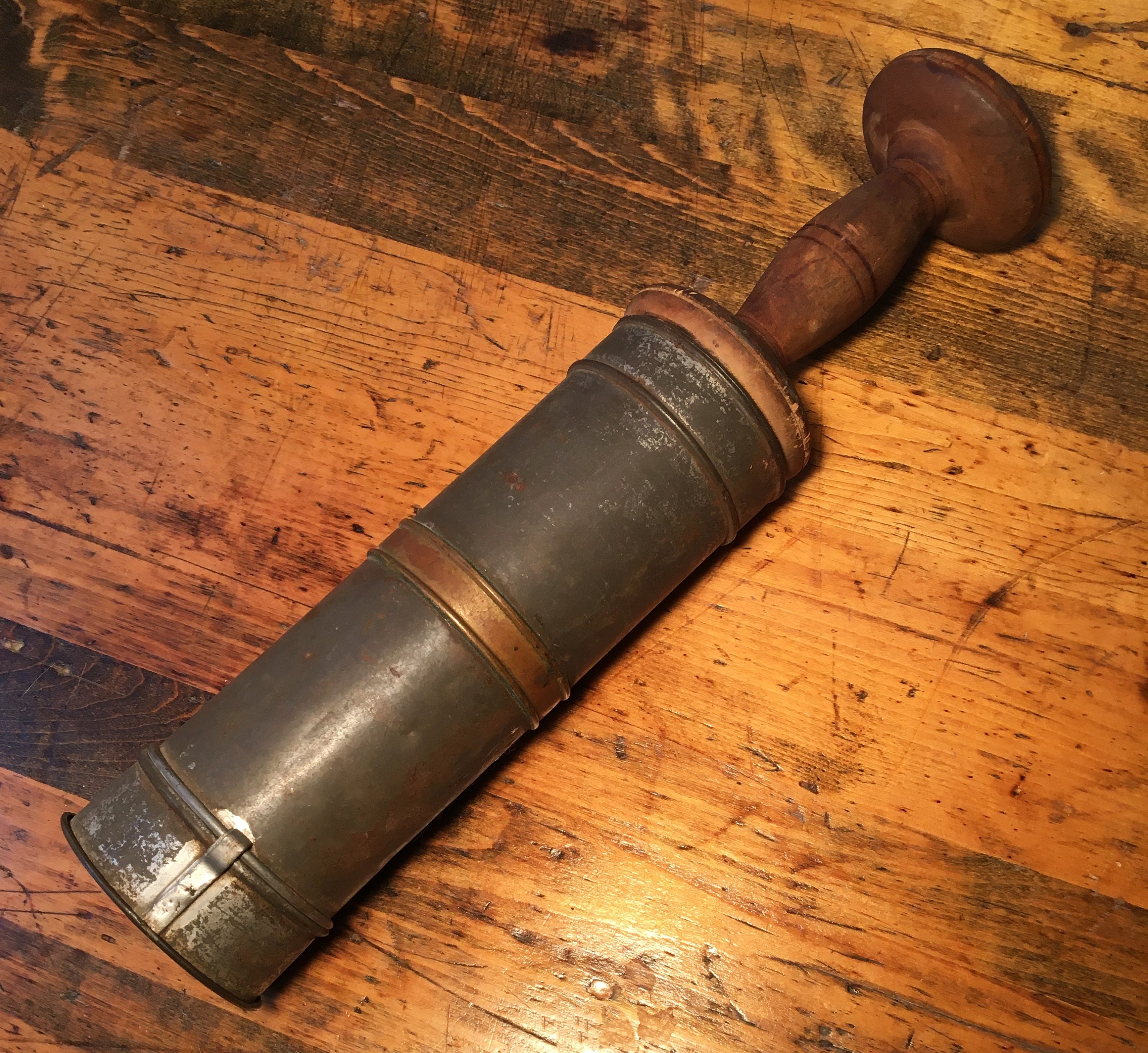 Vintage Sausage Extruder : Large Tin Metal Wood Plunger Kitchen Tool  Utensil Meat Stuffer Beef Venison Buffalo Early 1900s Late 1800s 