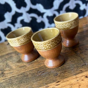 Teak Wood Egg Cups: Vintage 1970s Ceramic