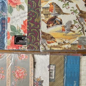 Emballage plat vintage, LOT de papier : fleurs fiançailles mariage oiseaux d'amour roses bouquets cachemire