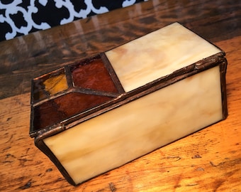 Textured Amber Stained Glass & Caramel and Off-White Slag Glass Hinged Storage Box