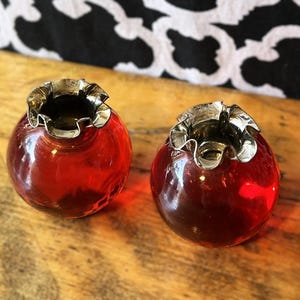 MCM Red Acrylic Lucite Globe Candleholders with Fluted Silver-Toned Accents