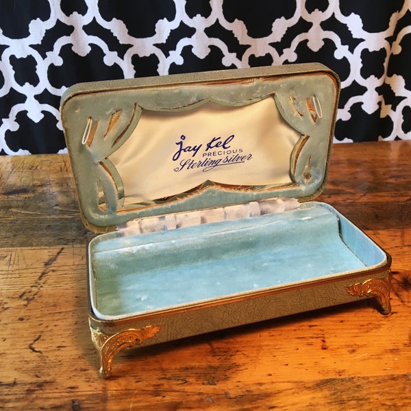 Jay Kel Jewelry Presentation Box: Vintage Pale Blue Velvet Lined Mid-Century Case with Gold-Toned Accents & Legs