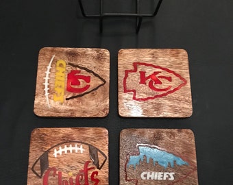 Kansas City Chiefs Custom Coaster Set, 4 Designs, Solid Wood