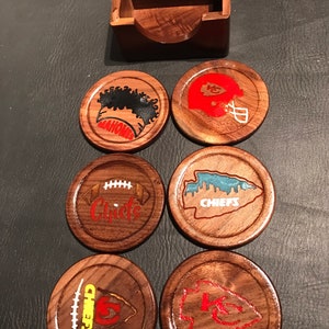 Kansas City Chiefs Custom Coaster Set, 6 Designs, Solid Walnut