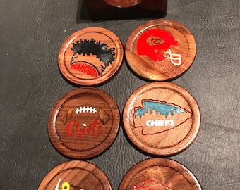Kansas City Chiefs Custom Coaster Set, 6 Designs, Solid Walnut