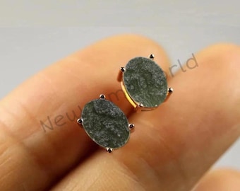 Raw Moldavite Stud Earrings, Sterling Silver, Authentic Gemstone