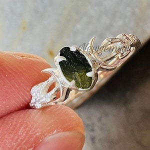 Triple Moon Sterling Silver Ring, Raw Moldavite, Czech Republic