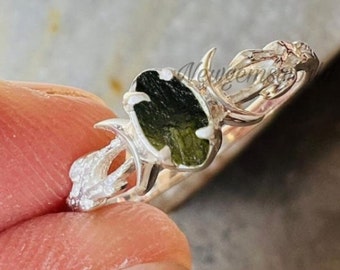 Triple Moon Sterling Silver Ring, Raw Moldavite, Czech Republic