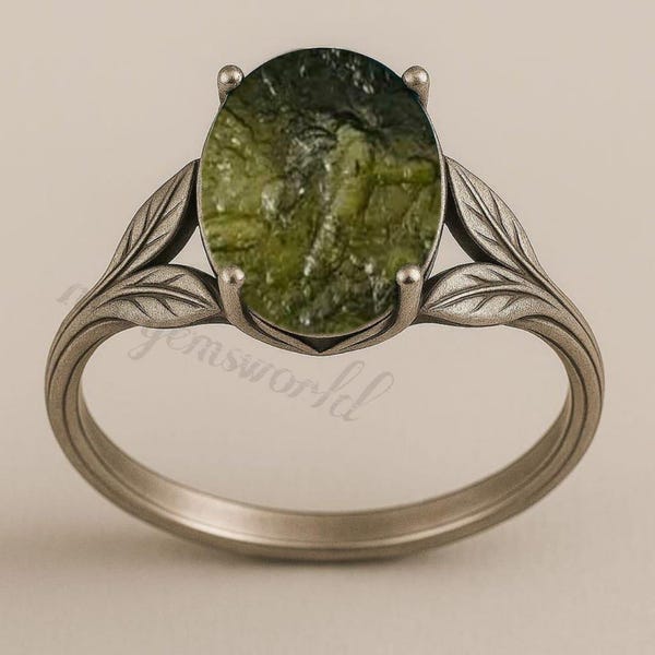 Dreifach Mond Moldavit Ring: Sterling Silber, Echter Tschechischer Stein