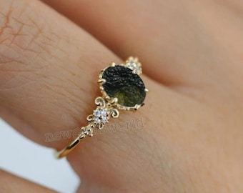 Natural Raw Moldavite Ring, Sterling Silver Rings , Moldavite Gemstone, Dainty Vintage, Bridal, Anniversary Gift, Christmas gift, Moldavite