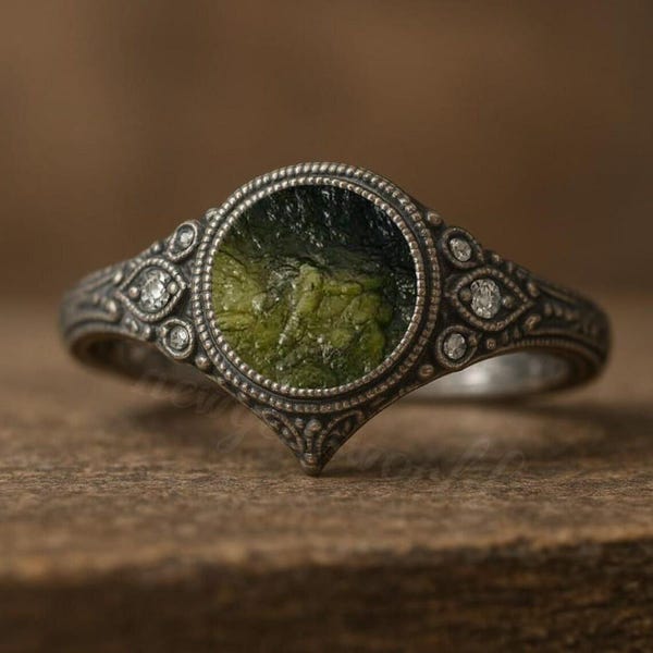 Dreifach Mond Moldavit Ring: Sterling Silber, Echter Tschechischer Stein