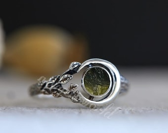 Triple Moon Phase Ring, natural Rough Moldavite Ring Moon Ring Sterling Silver Genuine Czech Republic Moldavite Ring Raw Moldavite Ring