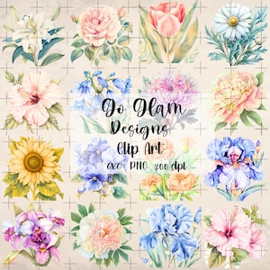 Imágenes prediseñadas botánicas vintage en acuarela / PNG de alta resolución / Scrapbooking / Fabricación de tarjetas / Kit de descarga digital / Imágenes prediseñadas florales vintage