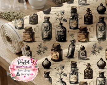 Vintage Apothecary Bottles Seamless Pattern, Witchcraft Potion Jars Digital Paper, Dark Academia Herbal Pattern, Instant Download