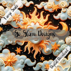 Puede incluir: Una descarga digital de un patrón sin costuras que presenta un sol 3D con una cara, nubes y estrellas sobre un fondo negro. El texto "So Glam Designs" está en el centro de la imagen. Los textos "Large Scale" y "Digital Download" están en las esquinas de la imagen.