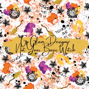 Puede incluir: Un fondo blanco con un patrón repetido de brujas, estrellas, escobas y el texto "Tonight, We Fly!" y "Not Your Basic Witch". El patrón está en tonos de naranja, amarillo, morado, negro y blanco.