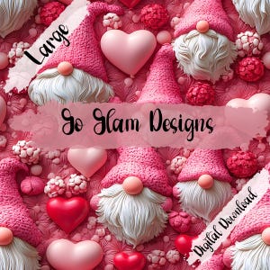 May include: A digital download of a seamless pattern featuring pink gnomes, hearts, and flowers. The pattern is ideal for Valentine's Day crafts and projects. The text "Go Glam Designs" is visible in the image.
