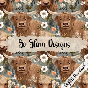 Boho Highland Cow Seamless Pattern, Repeat Pattern, Digital Download, Commercial Use, Digital Paper, Seamless File