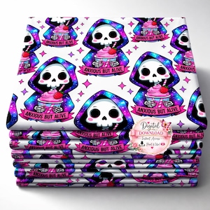 May include: Stack of fabric featuring a repeating pattern of a cartoon Grim Reaper character in a galaxy-themed hood, holding a pink cupcake with a strawberry. The text "ANXIOUS BUT ALIVE" is on a banner. Pink stars are scattered on a white background.