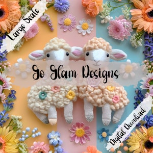 May include: Two fluffy white sheep amigurumi plushies with pink and yellow flower accents. The sheep are sitting on a pink and blue background with the text "So Glam Designs" and "Digital Download" in the image.