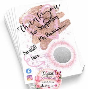 Plantilla de tarjeta de agradecimiento para raspar / Tarjeta de presentación pequeña con purpurina dorada rosa / Tarjeta de recompensa para raspar editable / Descarga digital imprimible