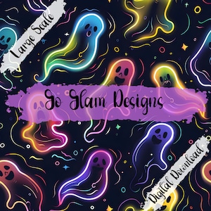 Könnte beinhalten: Ein digitaler Download mit einem nahtlosen Muster aus leuchtenden Cartoon-Geistern in verschiedenen Farben, darunter Blau, Rosa, Gelb und Grün, vor einem dunkelblauen Hintergrund. Das Design enthält den Text "Go Glam Designs" und "Digital Download".
