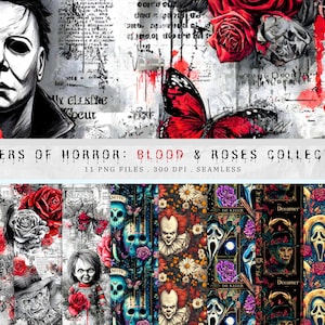 Può includere: Una collezione di arte digitale a tema horror, con personaggi iconici, rose e farfalle. Il testo "MASTERS OF HORROR: BLOOD & ROSES COLLECTION" è visibile. Include 11 file PNG, 300 DPI e design senza soluzione di continuità.