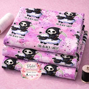 May include: Three stacks of fabric with a pink and purple watercolor background. The fabric features a cartoon grim reaper riding a black sheep, with the text "THE BLACK SHEEP". A spool of white thread and a spool of black thread are in the image.